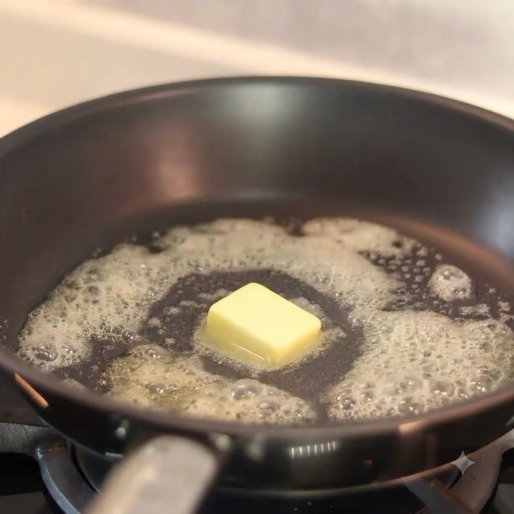 Cipolle affettate aggiunte nella padella con burro fuso, che iniziano a cuocere a fuoco medio.