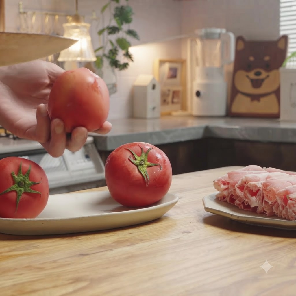 Una persona che pratica un taglio a croce su un pomodoro rosso fresco su un tagliere di legno.