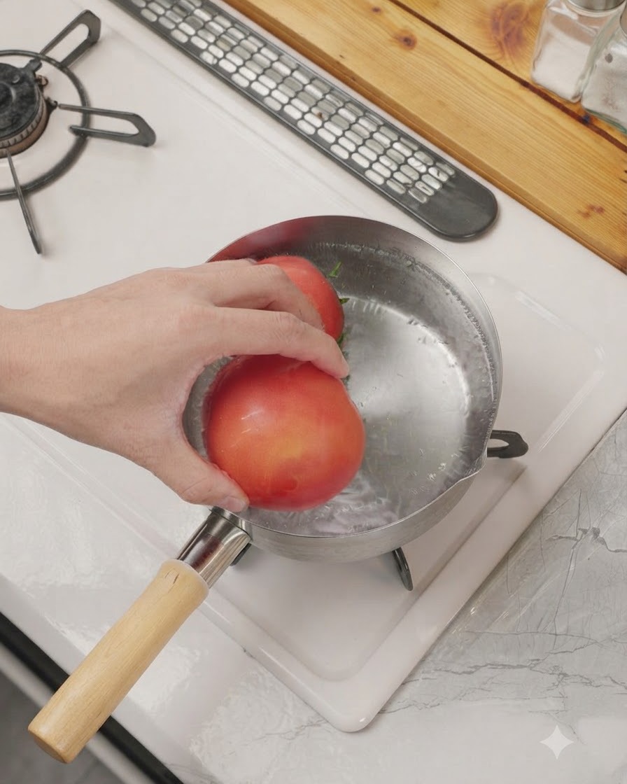 Pomodori immersi in una piccola pentola di acqua bollente su un fornello.