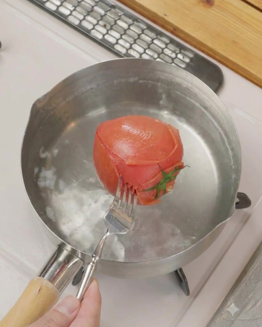 Pelare la buccia esterna di un pomodoro sbollentato caldo usando una forchetta.