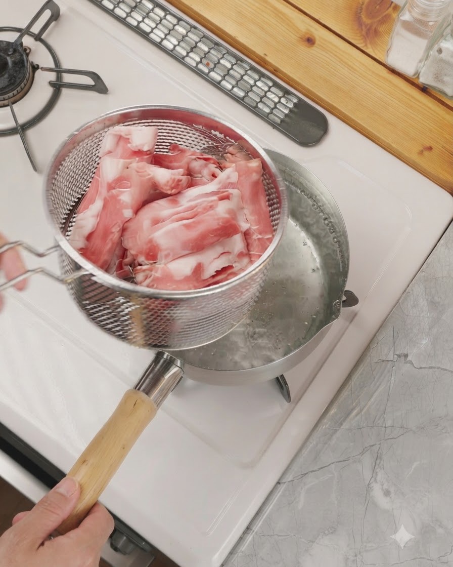 Un colino che trattiene fettine di manzo crudo posizionato sopra una pentola di acqua bollente.