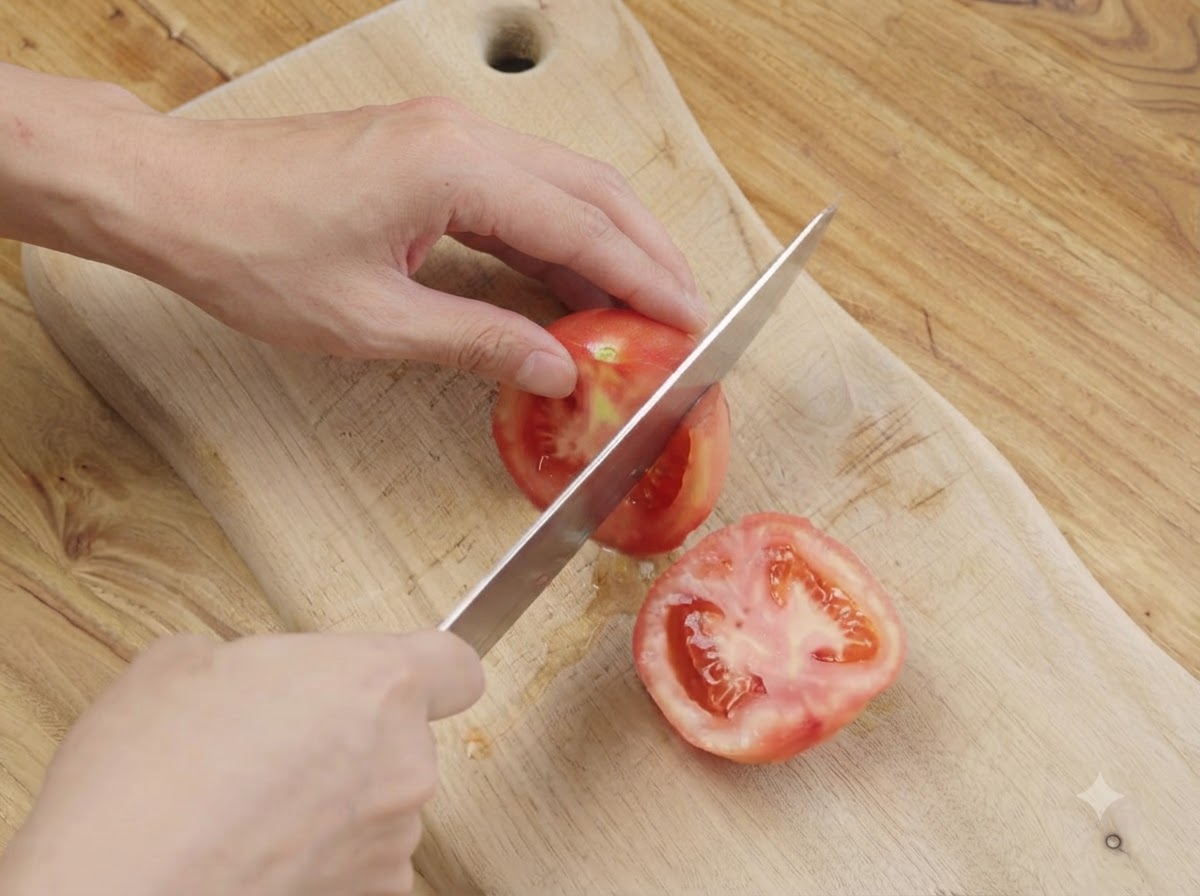 Un coltello che taglia un pomodoro pelato a metà su un tagliere di legno.