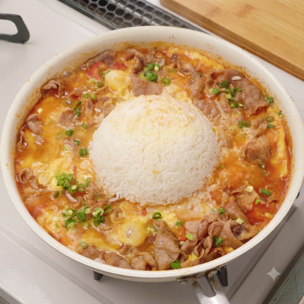 Una padella larga riempita con un composto di pomodori, manzo e uova cotte con una pallina modellata di riso bianco al centro e guarnizione di cipollotto.