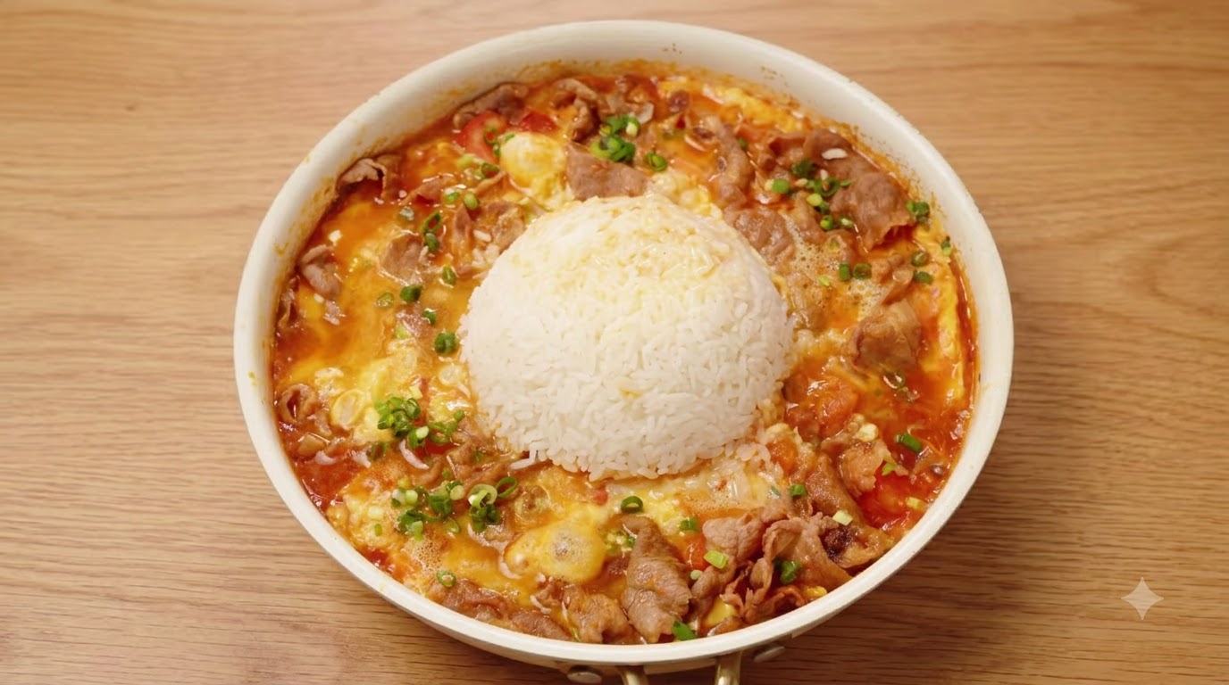 Bowl diriso con manzo, pomodori e uova morbide