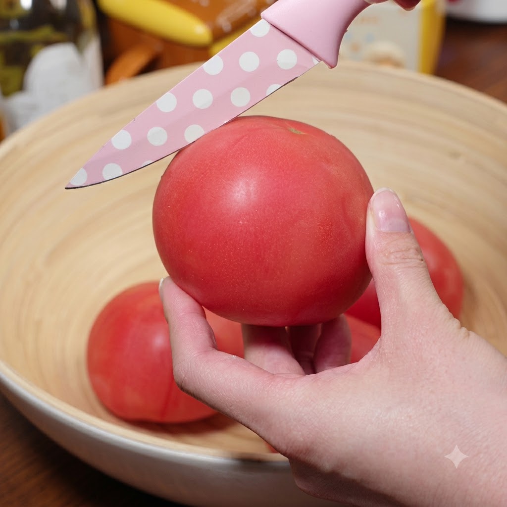 Una vista ravvicinata di una mano che incide la parte superiore di un pomodoro rosso fresco con un coltello decorato a fantasia rosa allinterno di una ciotola di legno.