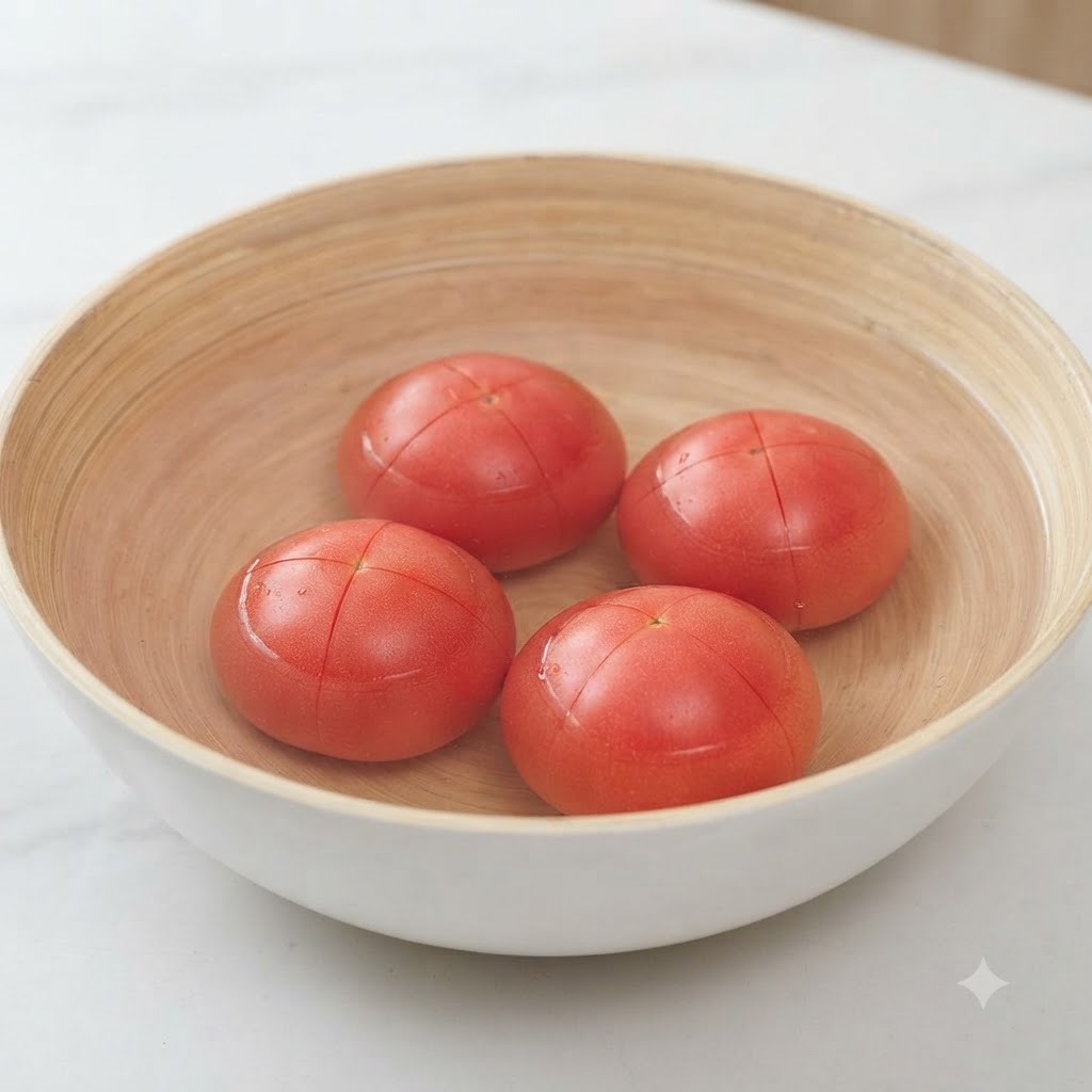 Quattro pomodori incisi adagiati in una ciotola di legno piena di acqua calda.