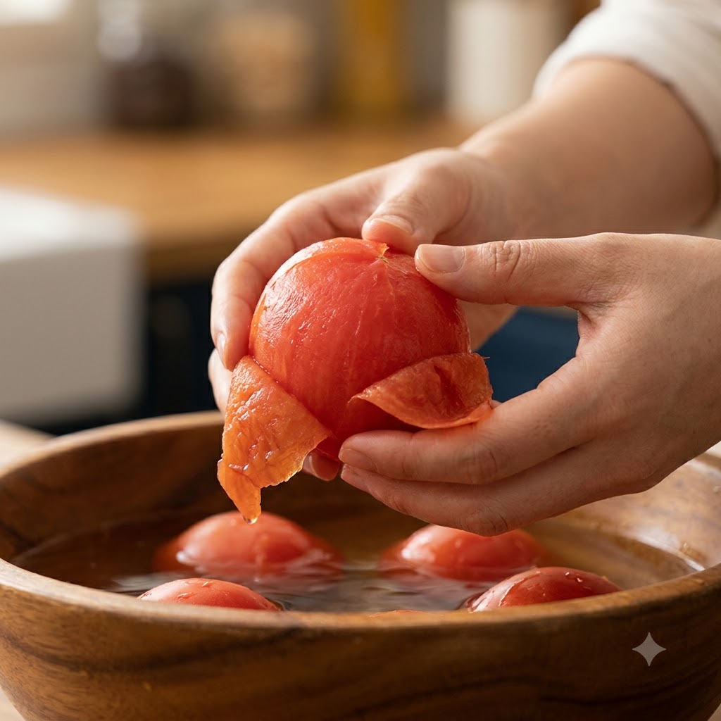 Una persona che pela la buccia da un pomodoro scottato sopra una ciotola di legno di pomodori.