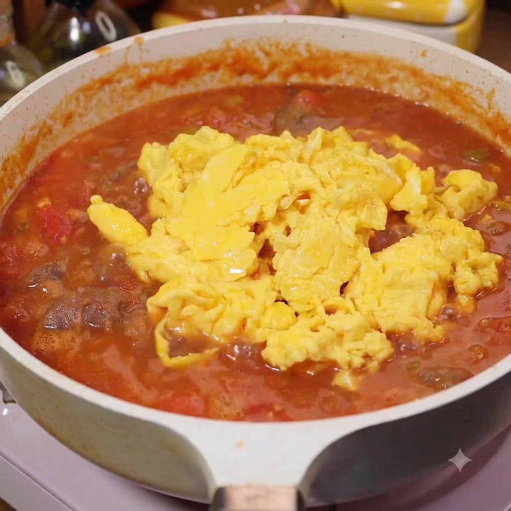 Uova strapazzate e una salsa ricca versate nella padella con pomodori e manzo.
