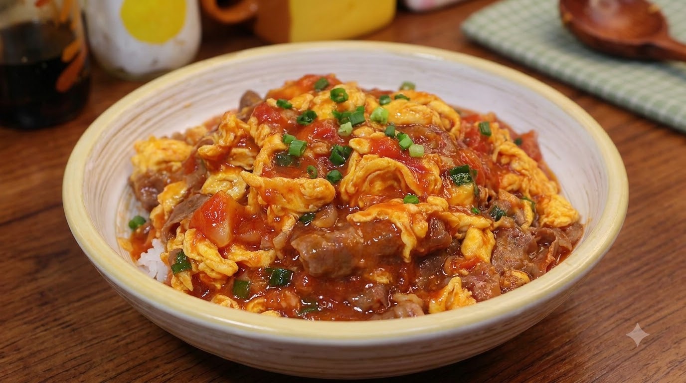 Bowl di riso con pomodoro, uova e manzo