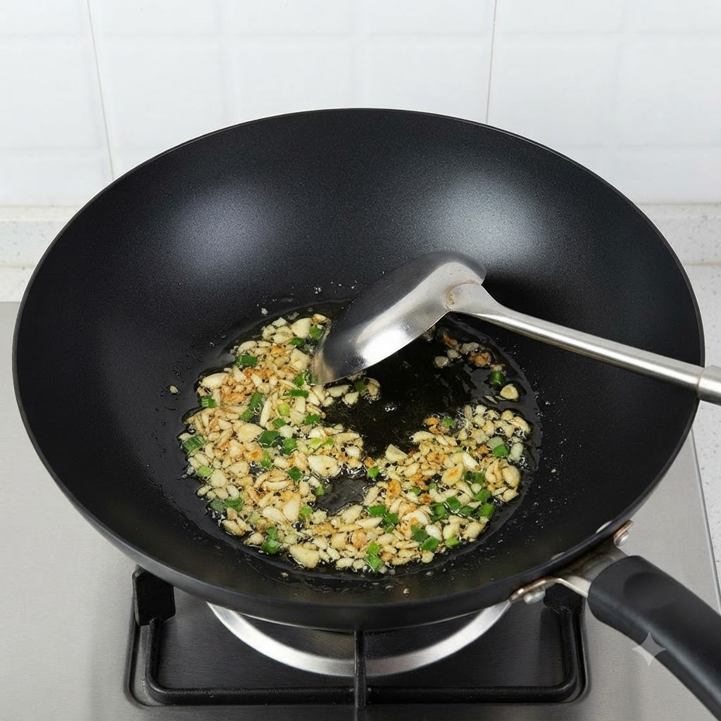 Aglio tritato e cipolle verdi che sfrigolano nellolio da cucina allinterno di un wok nero.