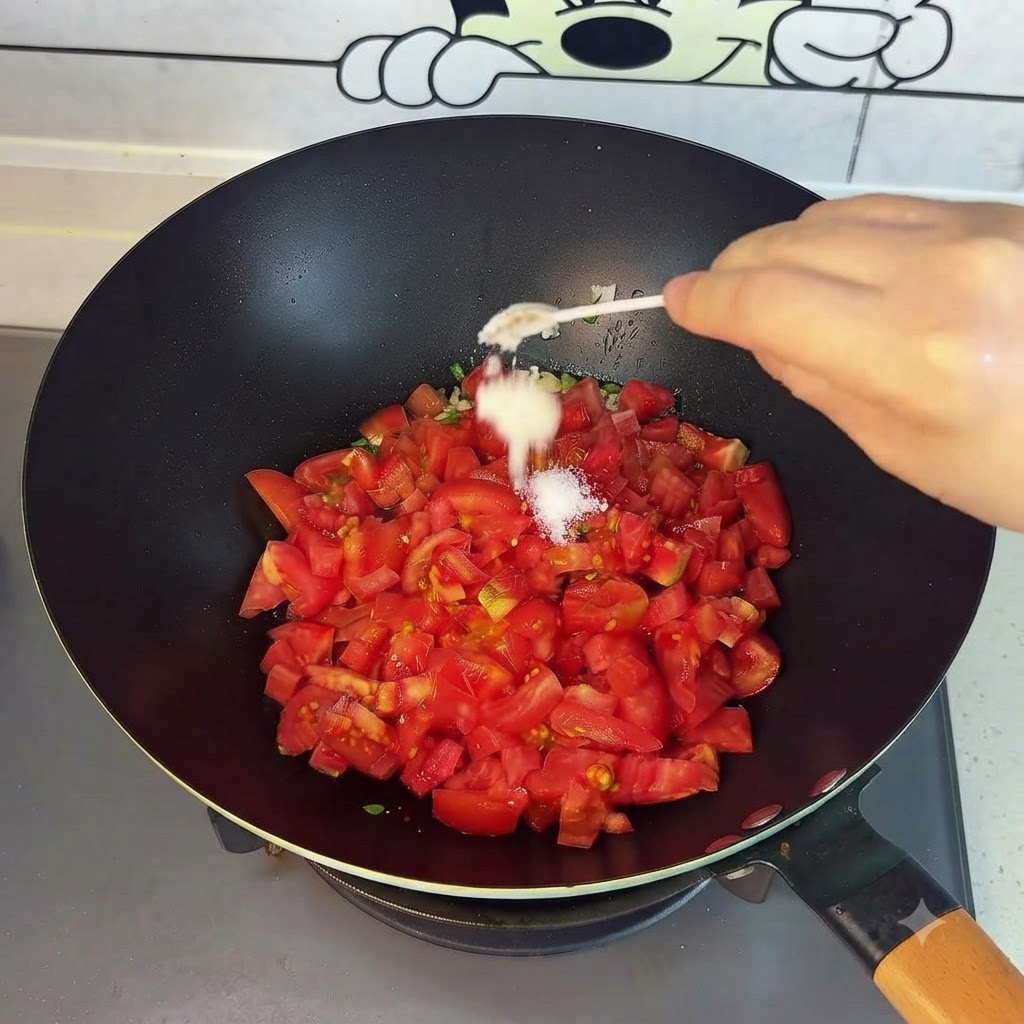 Pomodori saltati in padella e schiacciati con un cucchiaio nel wok.