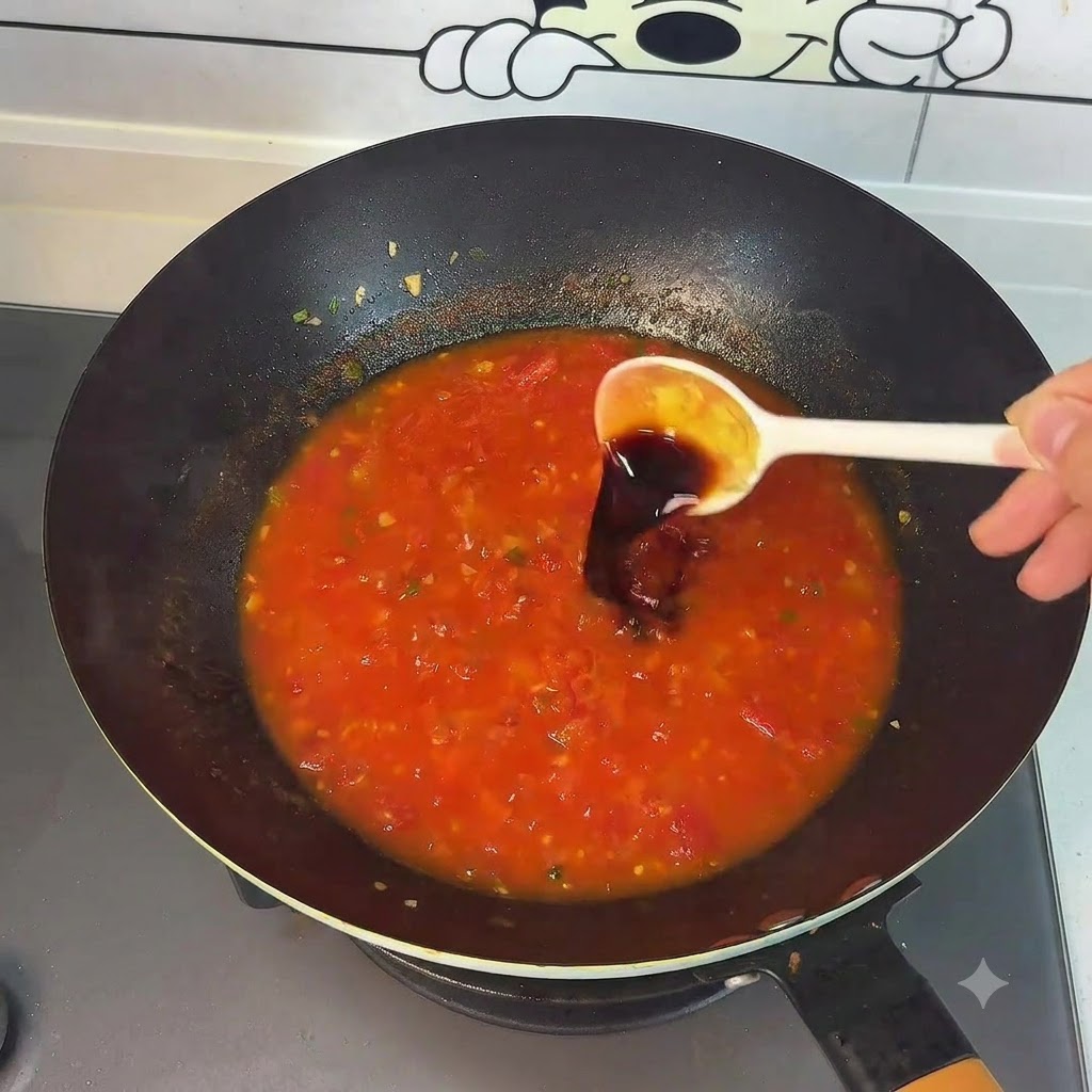 Salsa scura versata da un cucchiaio nella vivace base di zuppa di pomodoro rossa nel wok.