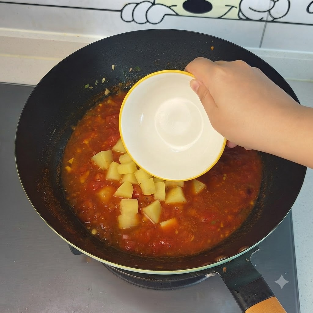 Patate a cubetti versate da una ciotolina nella zuppa di pomodoro ribollente nel wok.