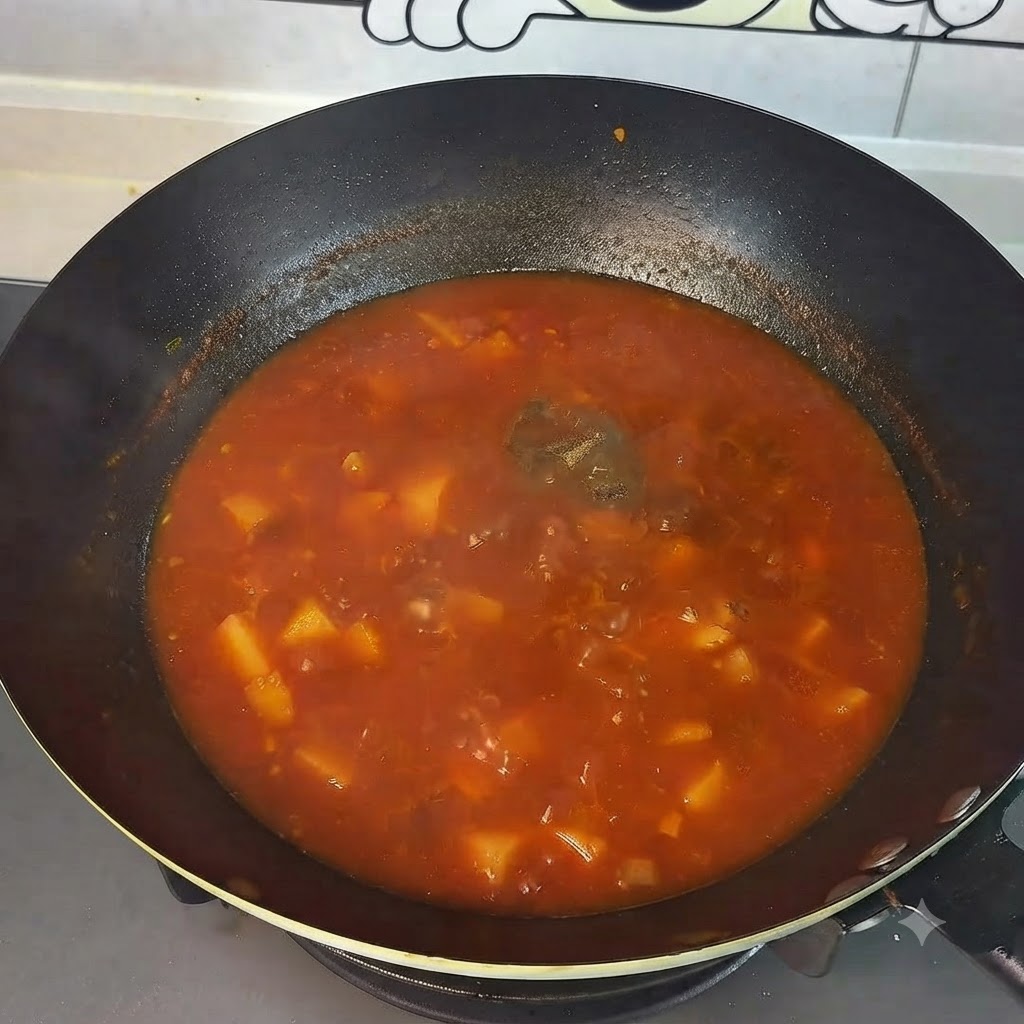 Pepe nero e zucchero bianco sparsi nella zuppa ribollente di pomodori e patate in un wok.