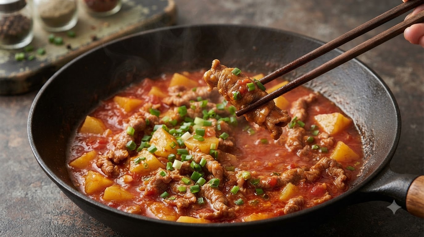 Hot Pot di Rotoli di Manzo, Pomodori e Patate