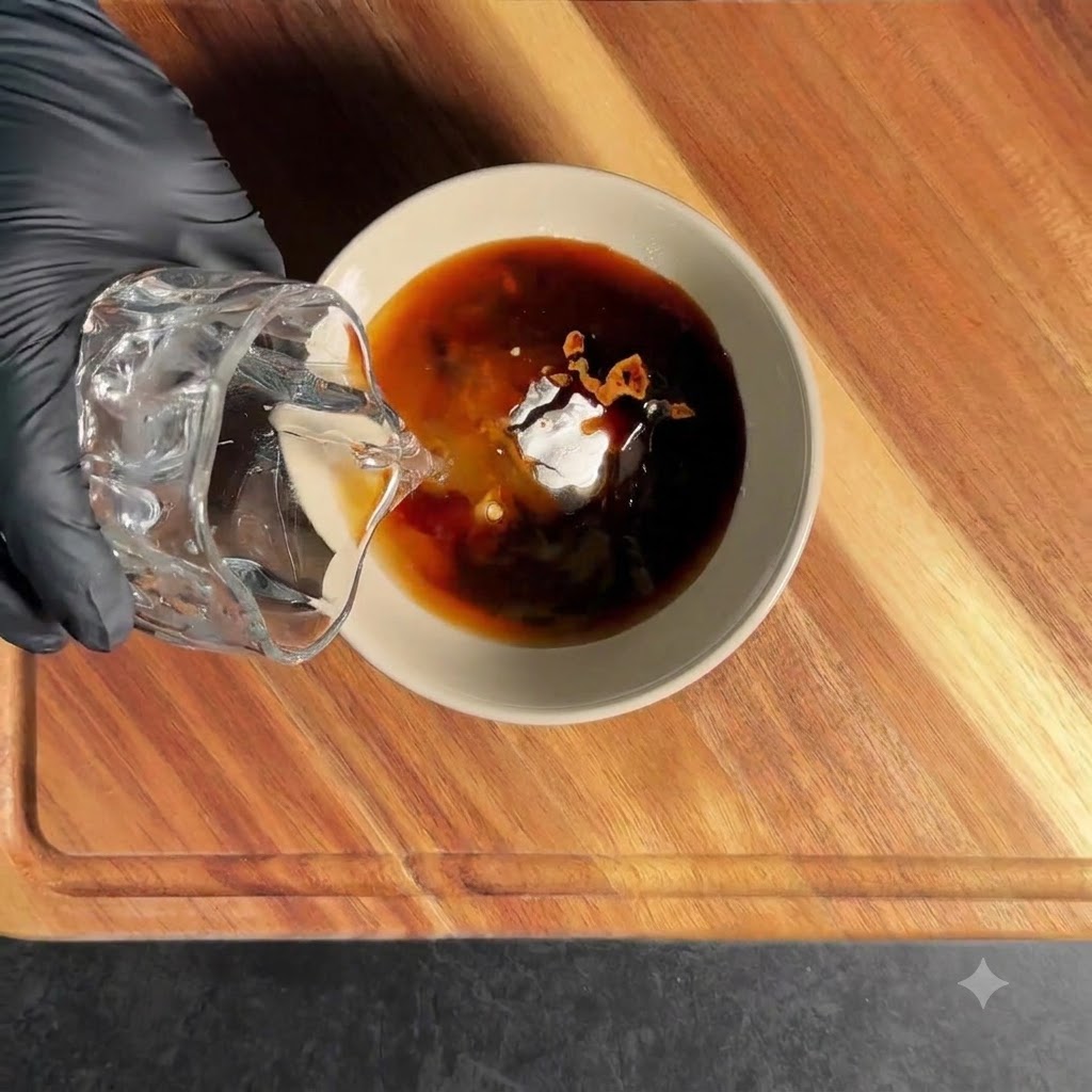 Gli ingredienti della salsa teriyaki – salsa di soia, salsa di ostriche, miele e amido – mescolati in una ciotola con acqua.