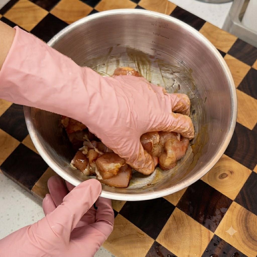 Una mano con un guanto rosa che mescola i pezzi di pollo crudo marinato allinterno di una ciotola in acciaio inossidabile.