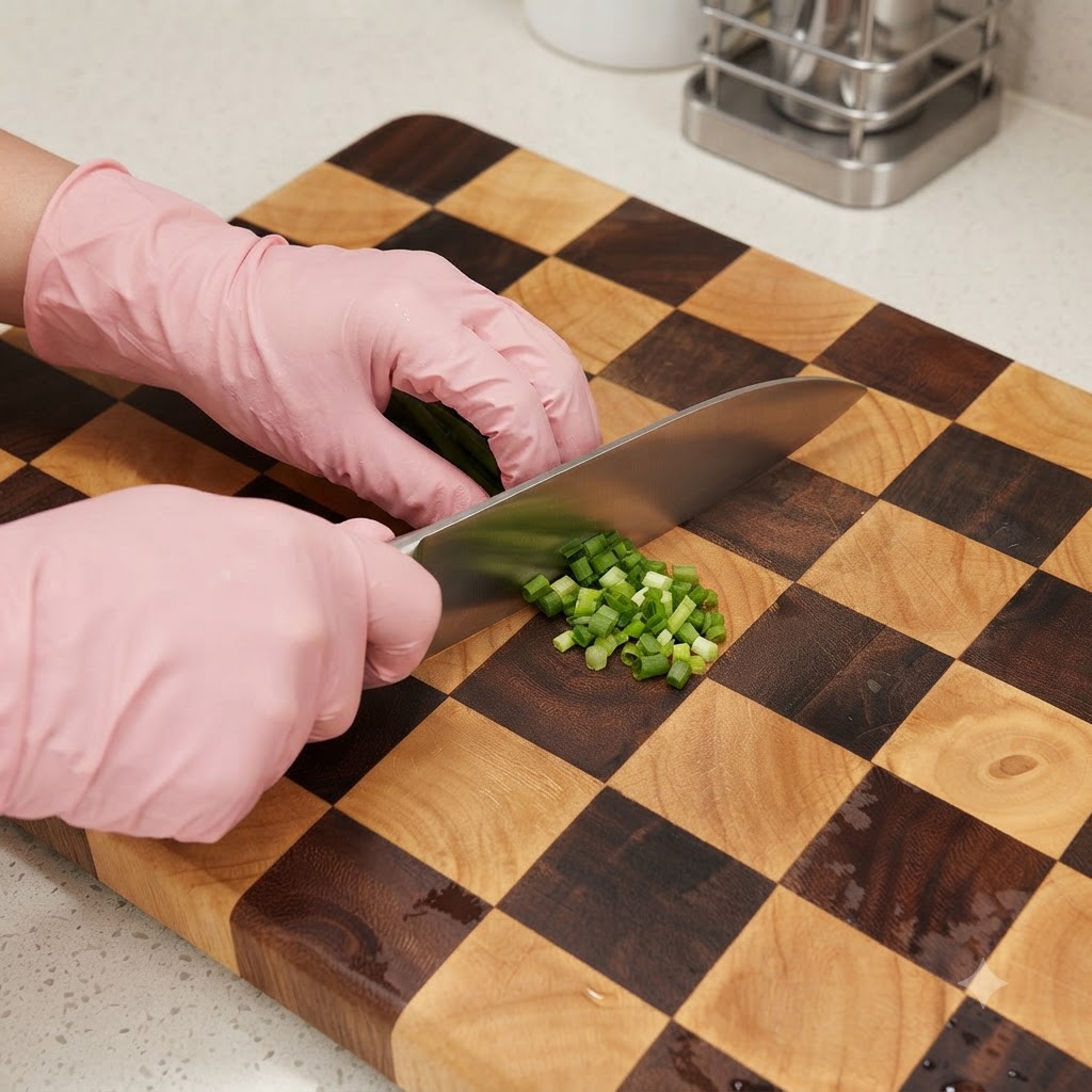 Mani con guanti rosa che tagliano cipolle verdi fresche con un grosso coltello su un tagliere a quadretti.