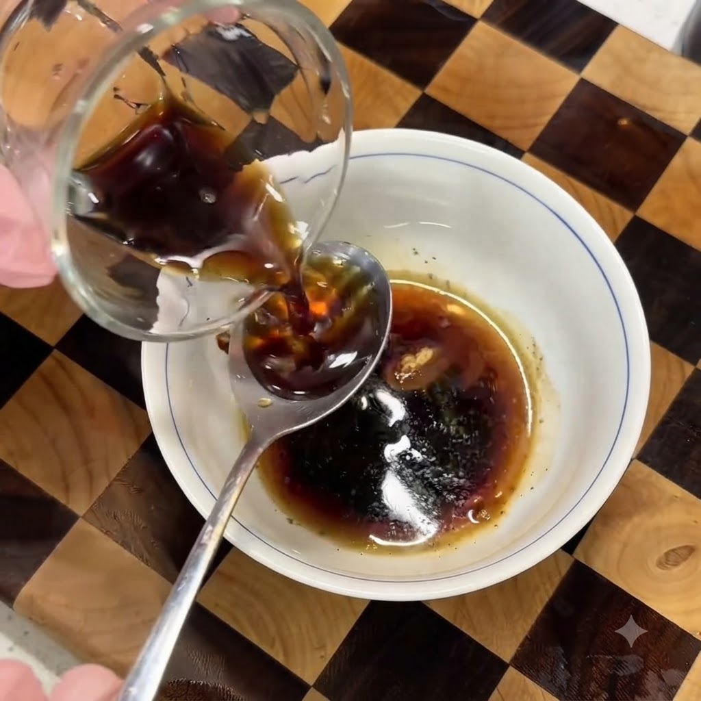 Versamento di un condimento liquido scuro da una tazza di vetro in una ciotola bianca piccola contenente una miscela di salsa di soia e spezie.