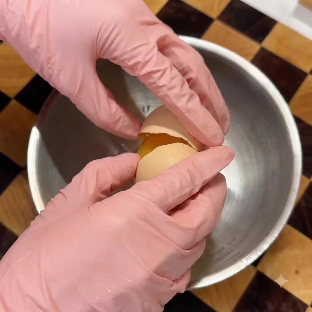 Mani con guanti rosa che rompono un uovo fresco in una ciotola di miscelazione in acciaio inossidabile.