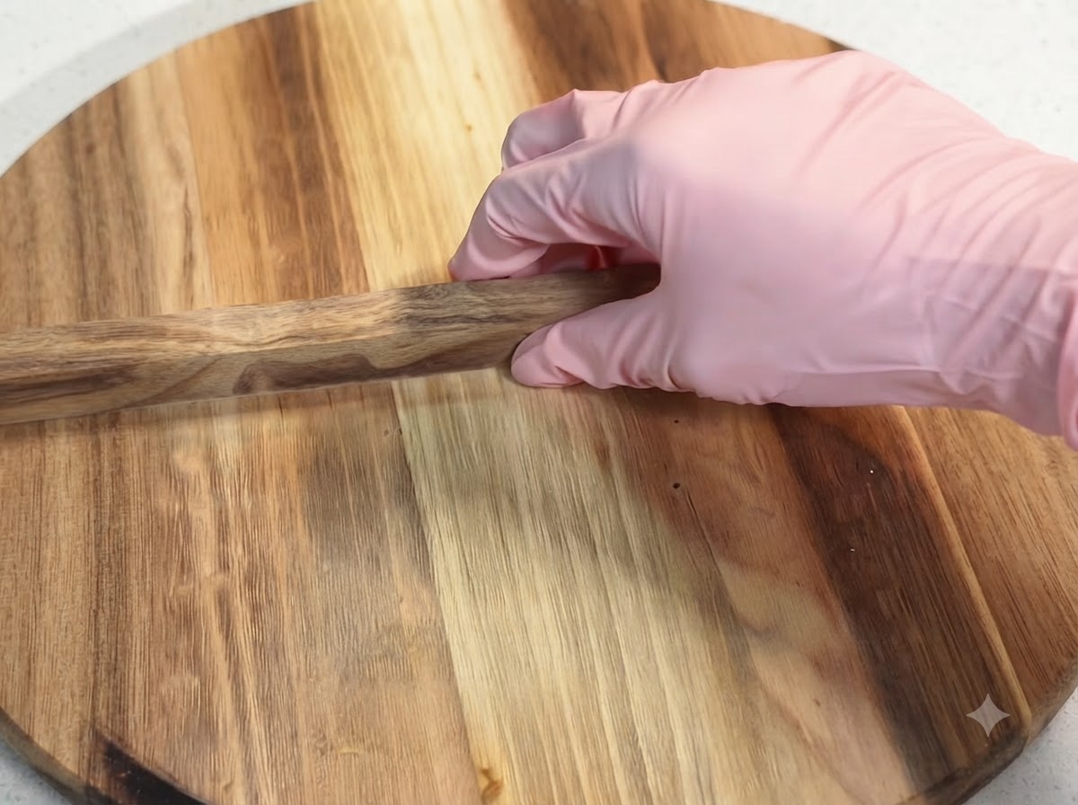 Una mano con un guanto rosa che posiziona un coperchio di legno su una padella.