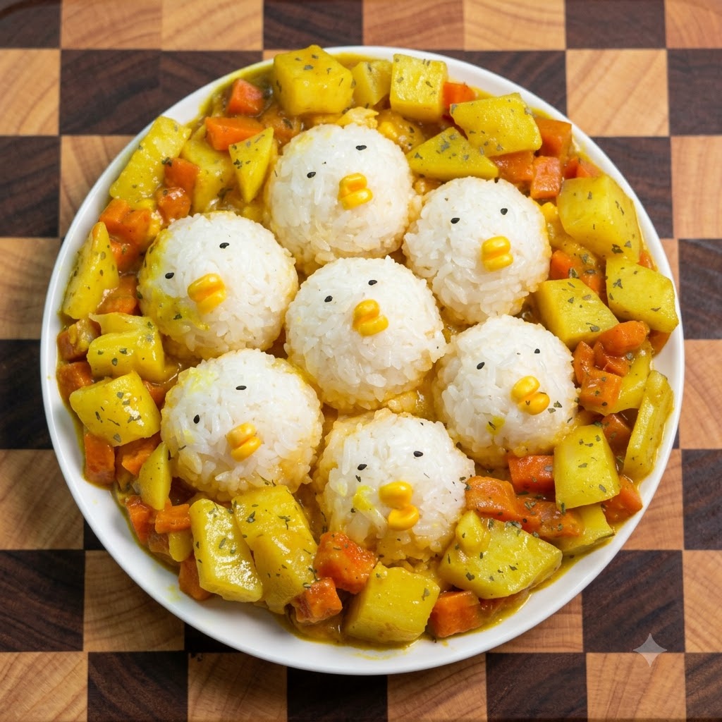 Polpette di riso a forma di pulcino disposte allinterno di una padella antiaderente piena di uova liquide.