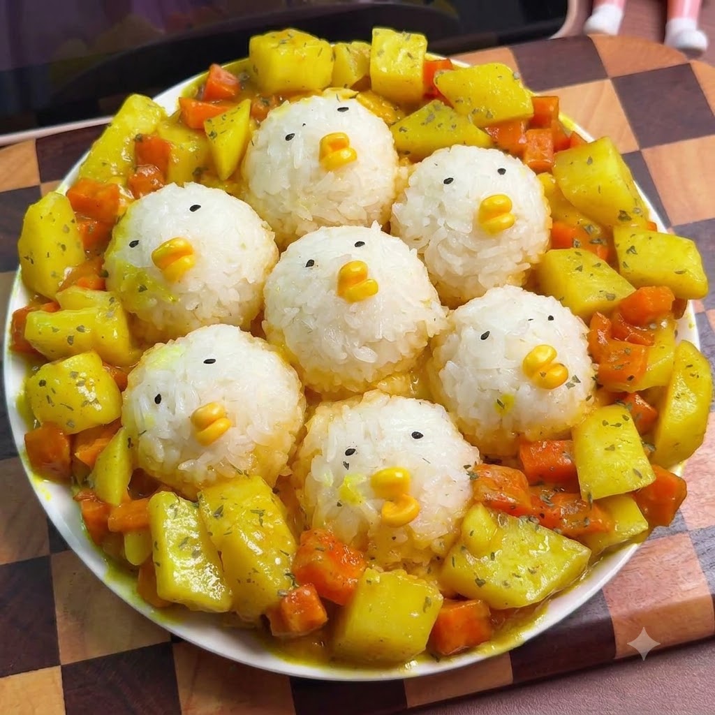 Blocco di curry e acqua aggiunti a patate e carote saltate in padella.