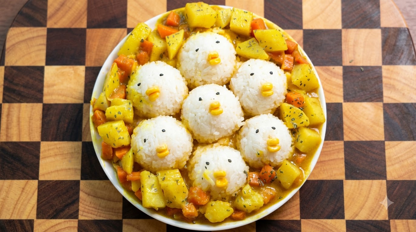 Riso Saltato con Uova e Pollo al Curry in Versione Kawaii