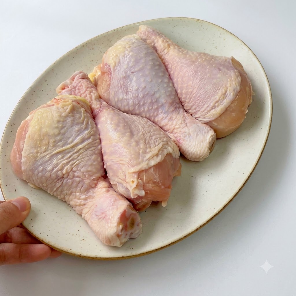 Cosce di pollo fresche che vengono disossate e tagliate su un tagliere di legno usando un coltello da cucina.
