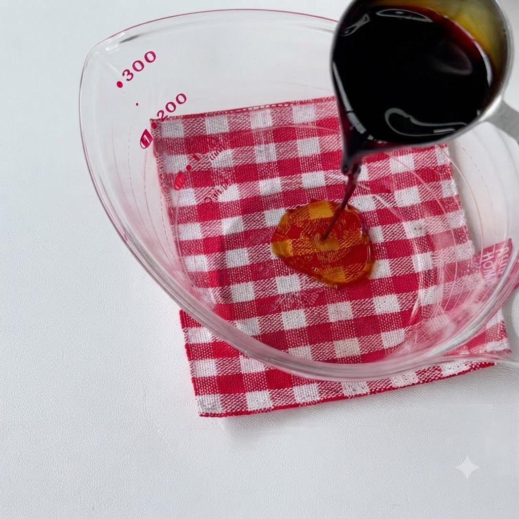 Ingredienti della salsa versati e misurati allinterno di un misurino di vetro su un panno a quadretti rossi.