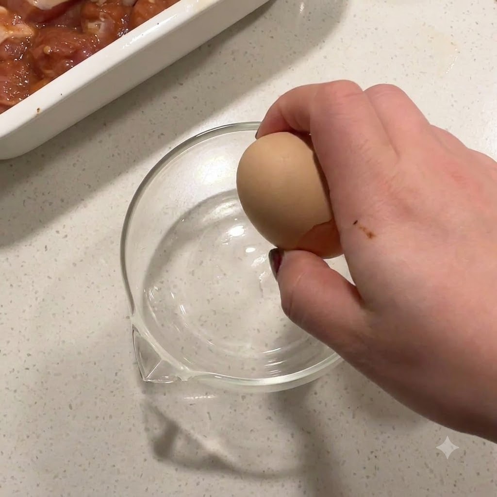 Una mano che rompe un uovo in una ciotola di vetro accanto a un contenitore di pollo marinato.