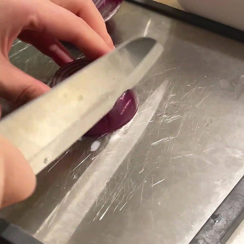 Un coltello affilato che affetta una cipolla rossa su un tagliere.