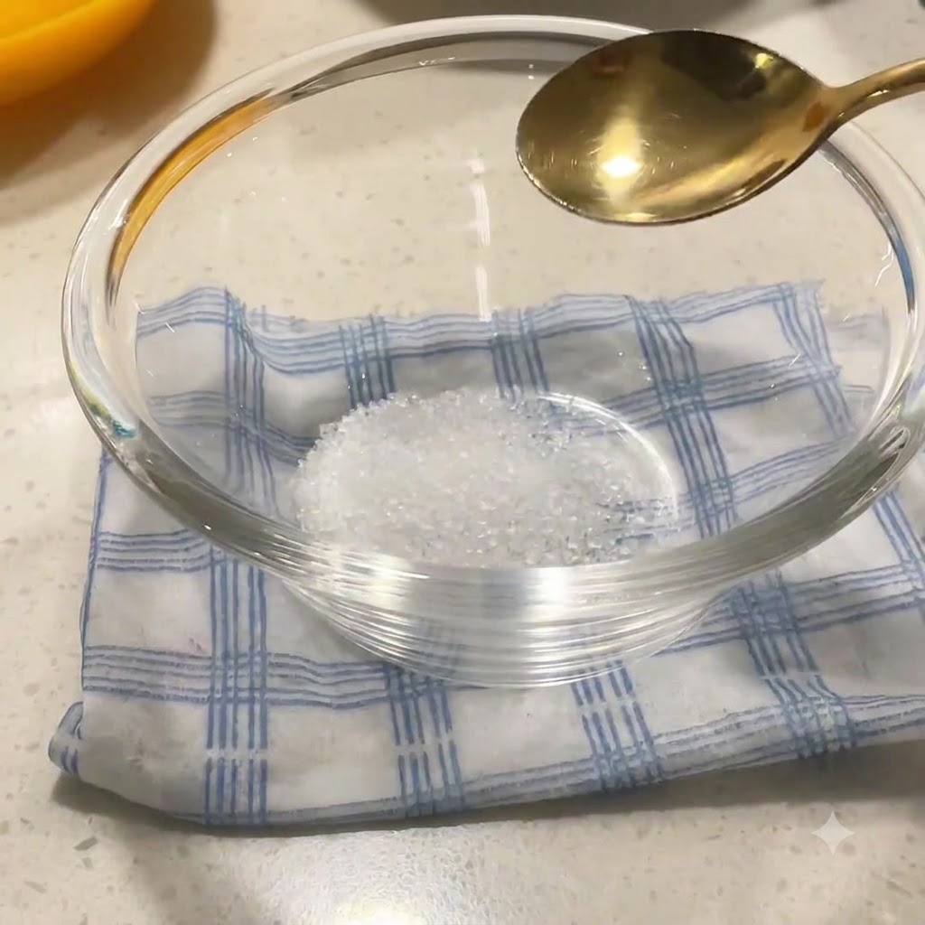 Zucchero semolato in una ciotola di vetro con un cucchiaio doro sospeso sopra.