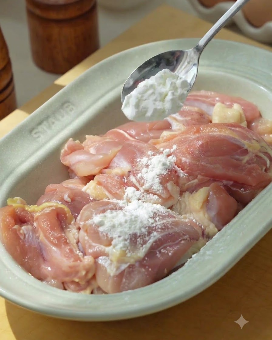 Amido di mais versato con un cucchiaio sui pezzi di pollo crudo allinterno di un piatto di ceramica verde chiaro.
