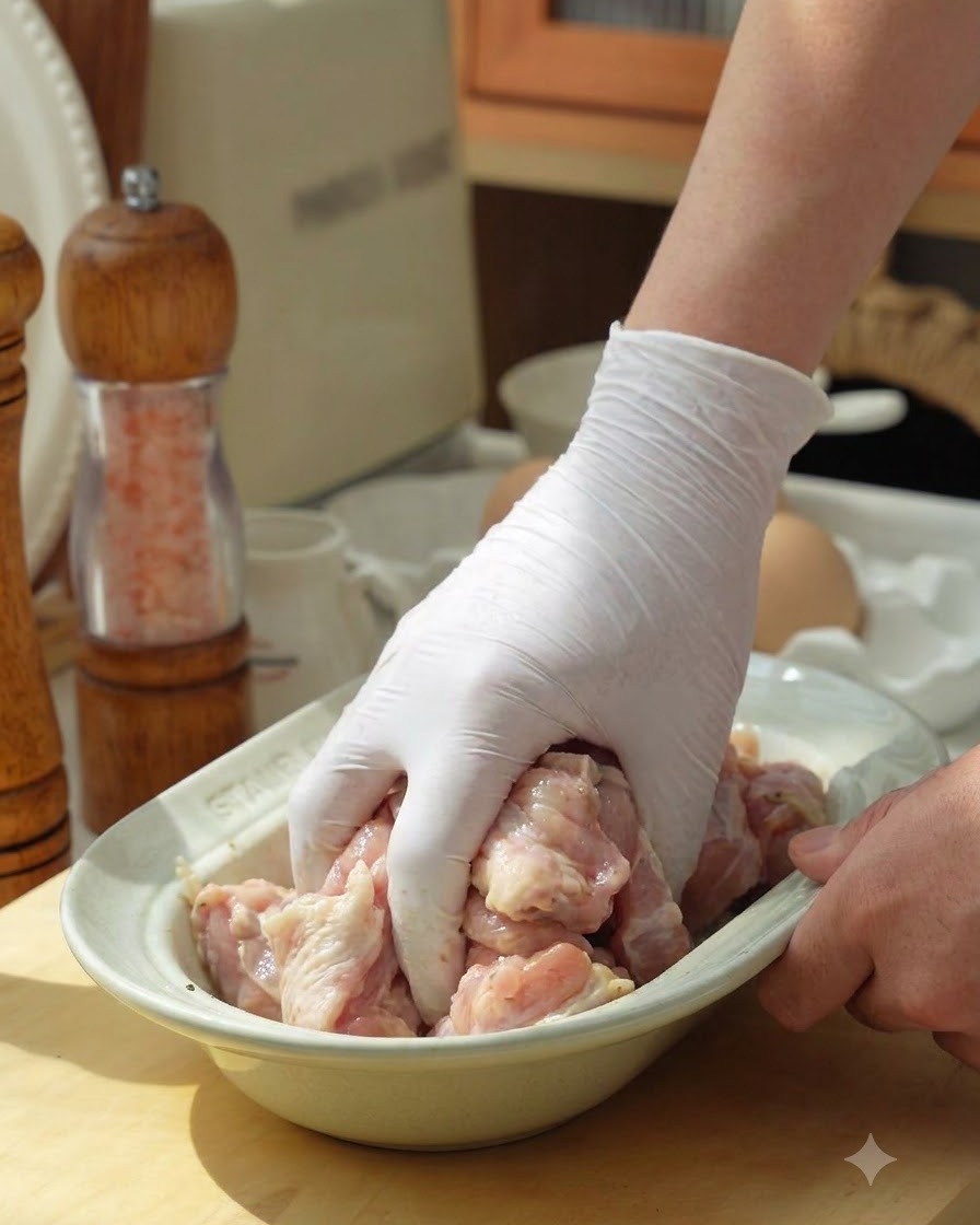 Una mano con un guanto da cucina bianco che mescola pezzi di pollo crudo allinterno di un piatto di ceramica.