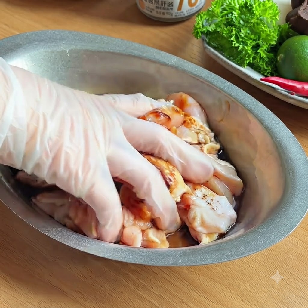 Una mano guantata che mescola i pezzi di pollo con i condimenti scuri allinterno di una ciotola di metallo.