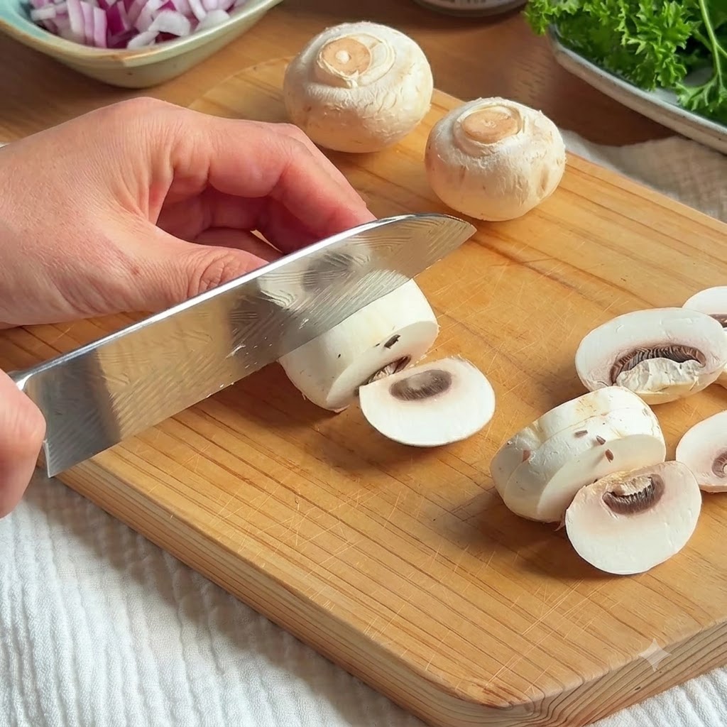 Funghi bianchi freschi tagliati a fette con un coltello da cucina su un tagliere di legno.