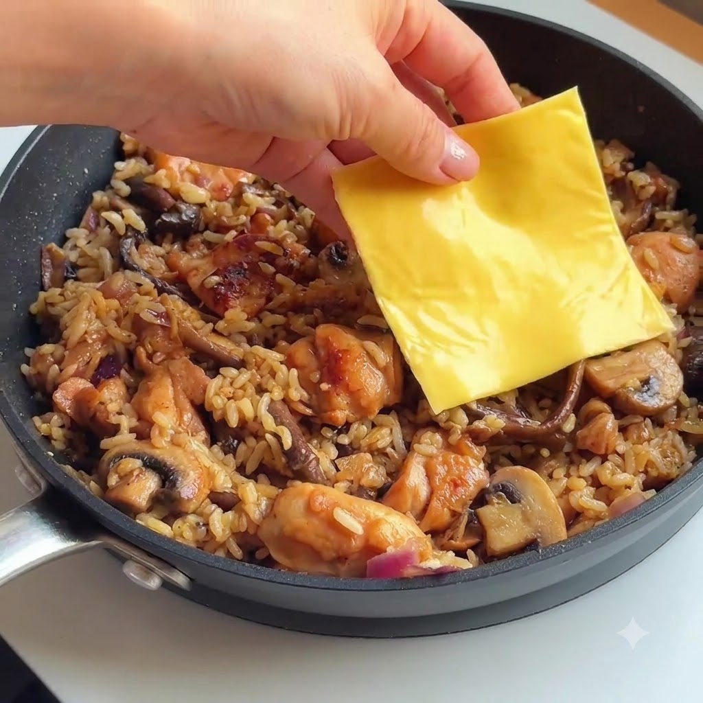 Fette di formaggio posizionate sopra il riso saltato con pollo e funghi.