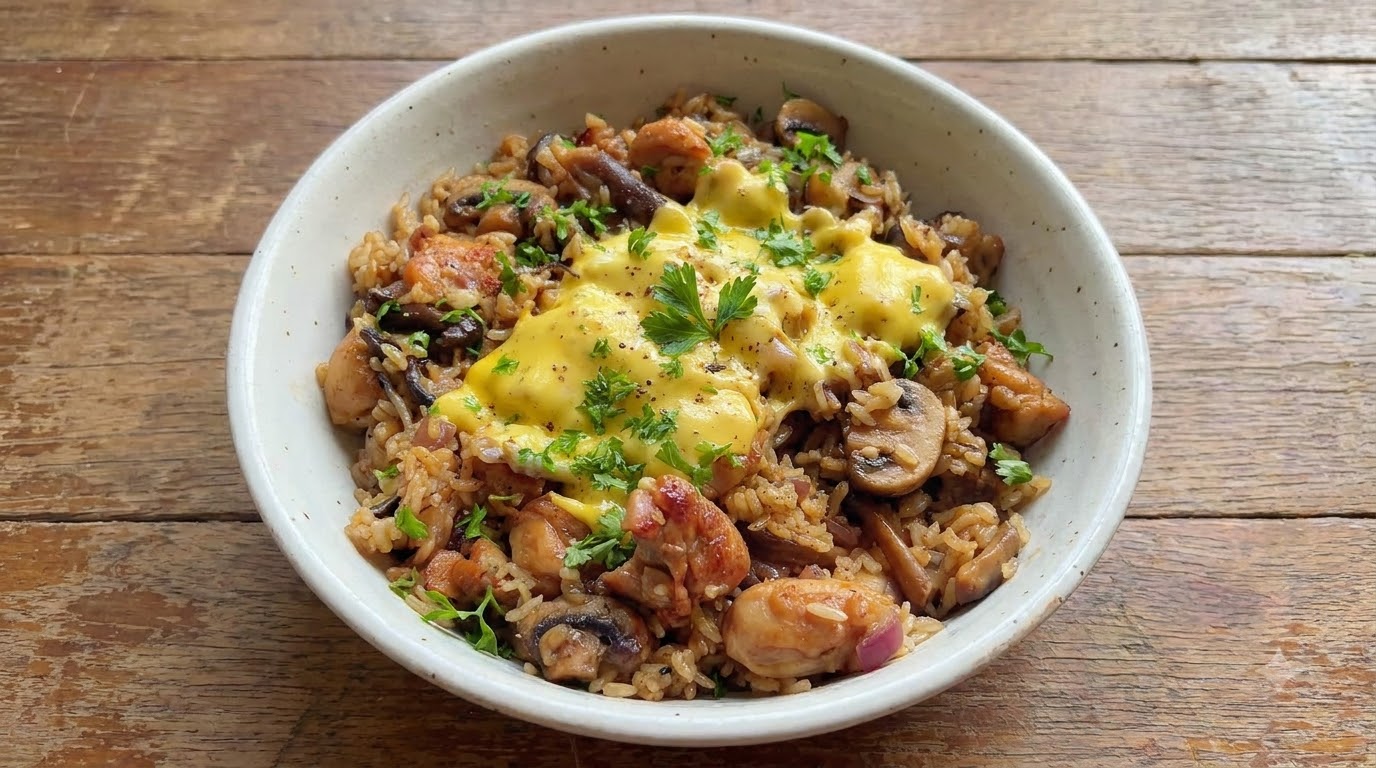 Riso Cremoso Saltato in Padella con Pollo, Funghi e Formaggio