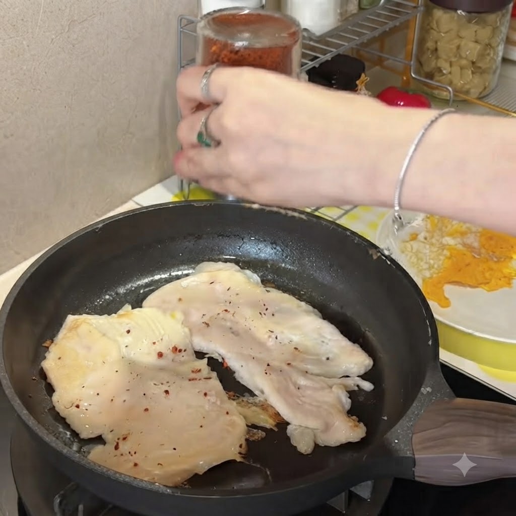 Una mano che agita un barattolo di spezie, cospargendo scaglie di peperoncino rosso su due cotolette di pollo in padella.
