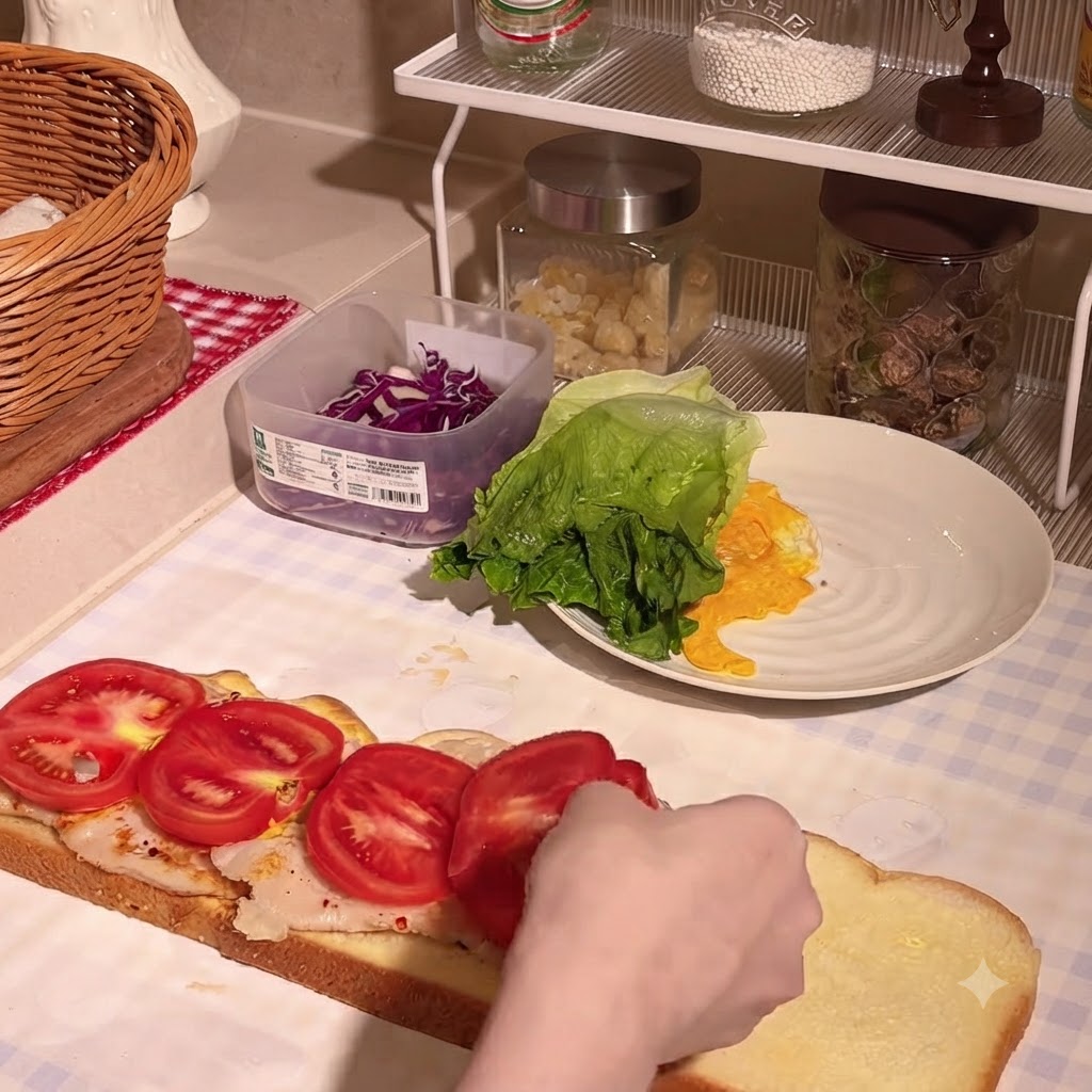 Una mano che sistema fette tonde di pomodoro fresco sopra le cotolette di pollo condite adagiate su una lunga fetta di pane alla zucca.