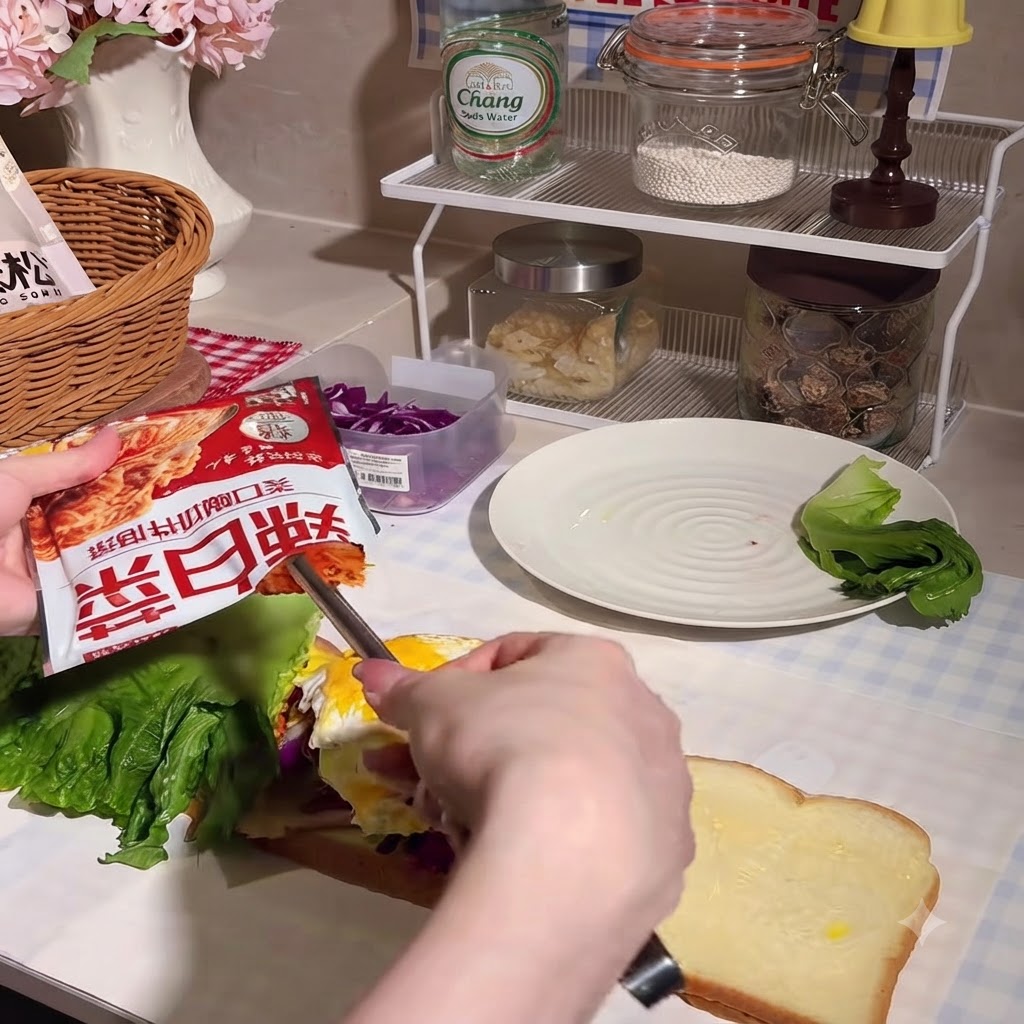 Kimchi posizionato sopra la pila di ingredienti del panino.