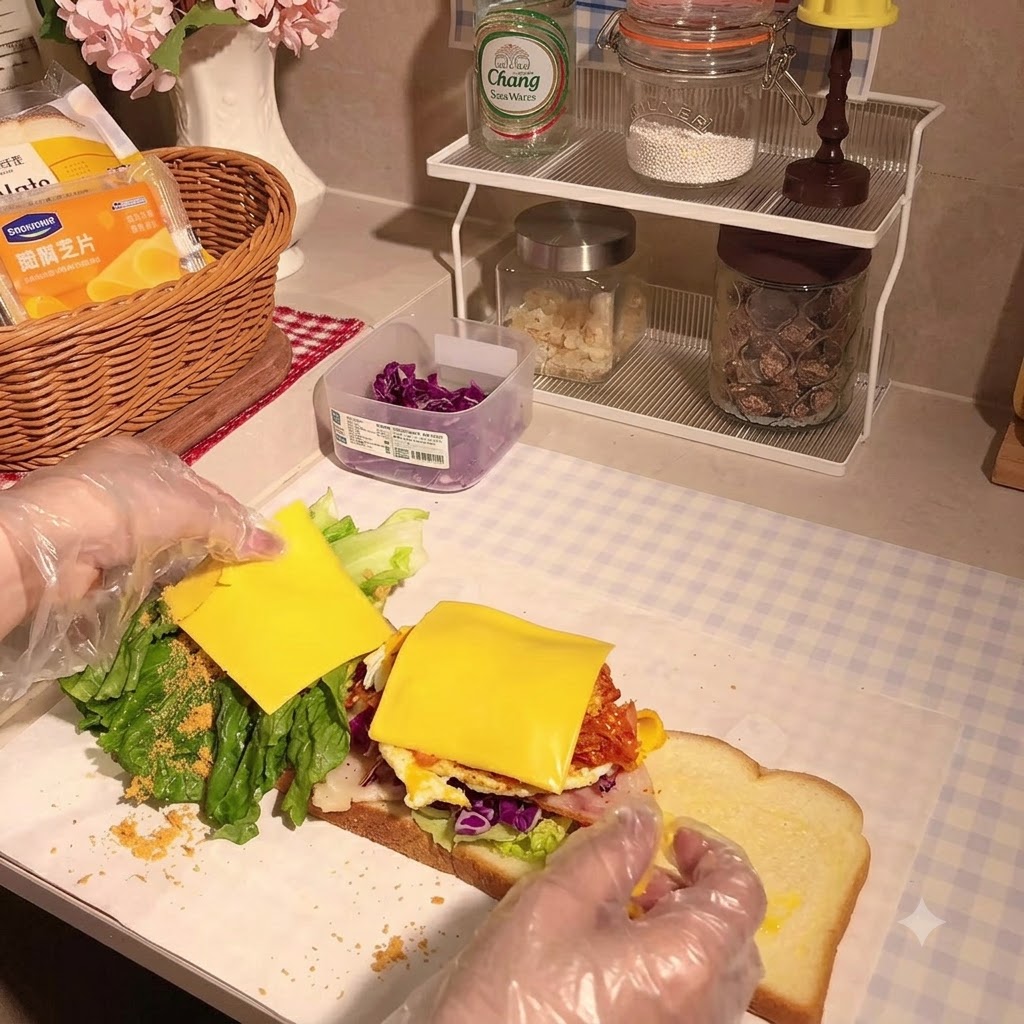 Una fetta di formaggio light posizionata sopra la pila del panino.