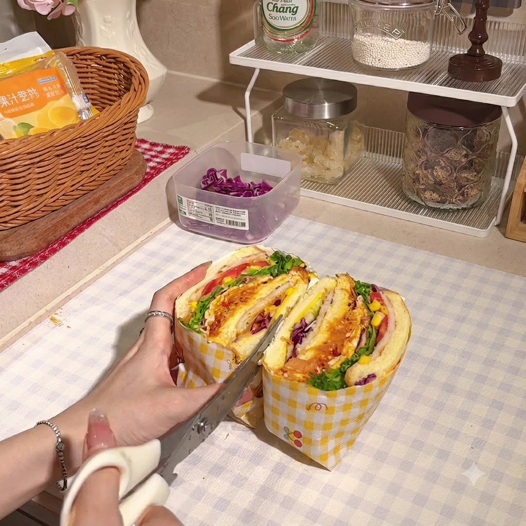 Forbici da cucina che tagliano a metà il panino avvolto per mostrare la sezione trasversale.