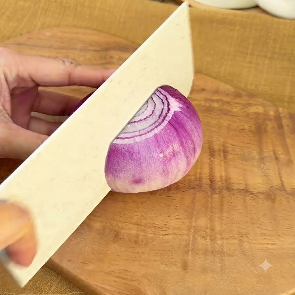 Un coltello da cucina che affetta una cipolla rossa in strisce sottili su un tagliere di legno.