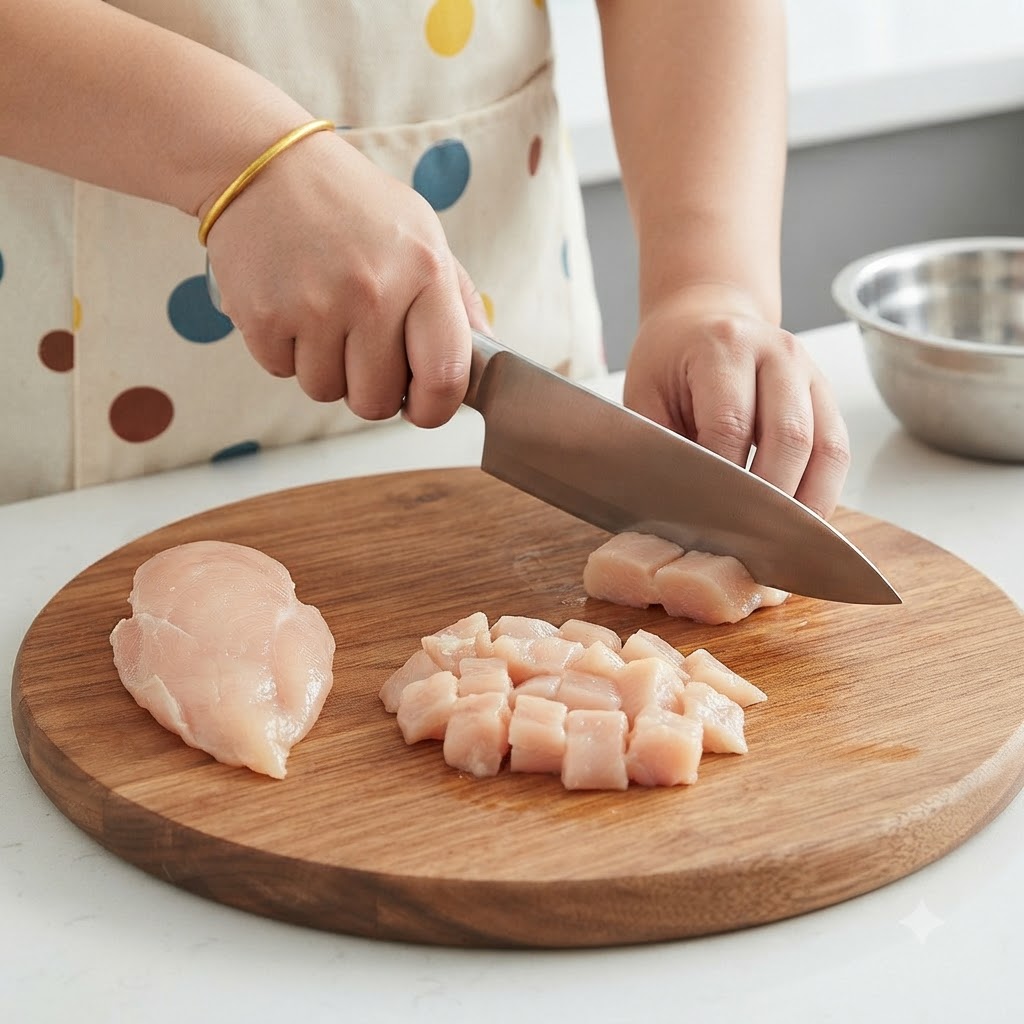 Mani che usano un coltello grande per affettare il petto di pollo crudo a pezzi su un tagliere rotondo di legno.