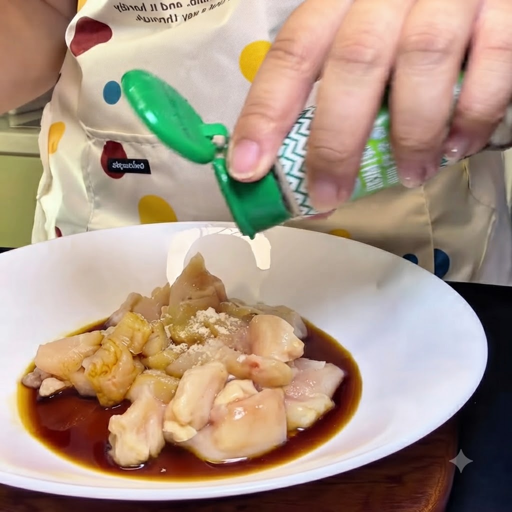 Una persona che agita un barattolo di pepe bianco sopra una ciotola bianca piena di pezzi di pollo crudo, salsa di soia e condimenti.