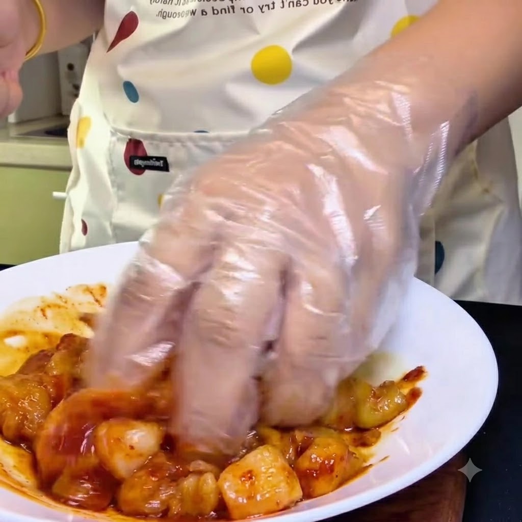 Una mano con un guanto di plastica trasparente che mescola pezzi di pollo crudo con una marinata rossa in una ciotola bianca.