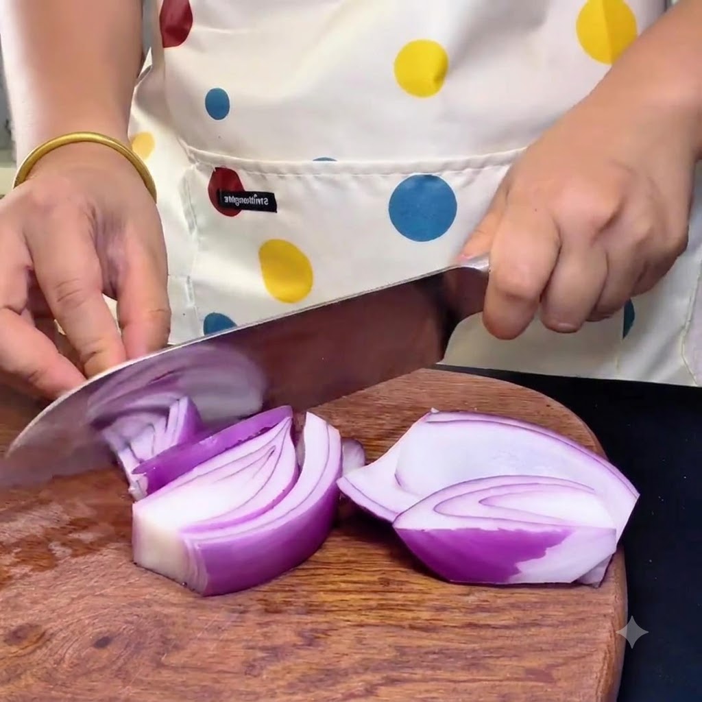 Mani che usano un coltello da cucina per tagliare a dadini una cipolla viola su un tagliere di legno.