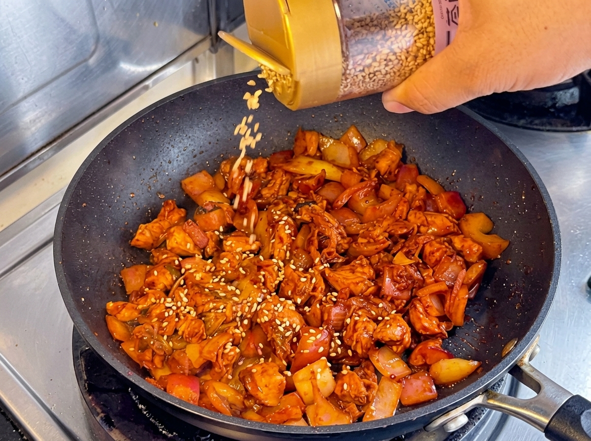 Una mano che agita un barattolo di semi di sesamo bianco su una padella piena di kimchi e pollo saltati.